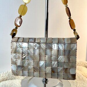 Holly in Hanoi Mother of Pearl Clutch – Handstitched, Brown Satin Lined